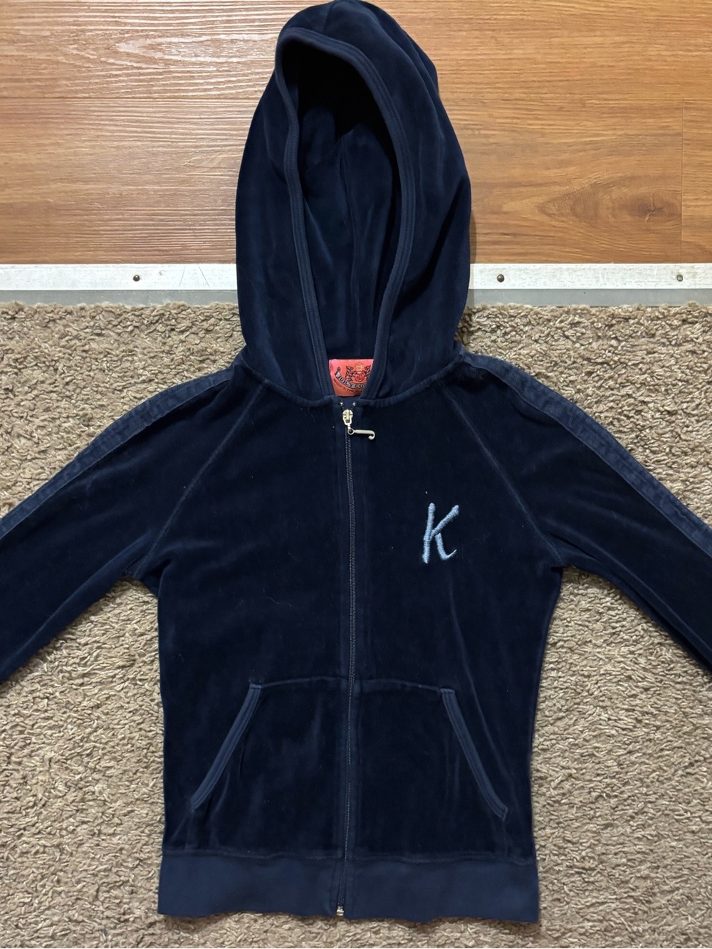 Juicy Couture Woman’s XXS Navy Velour Zip Hoodie with K Embroidery/Back As Well